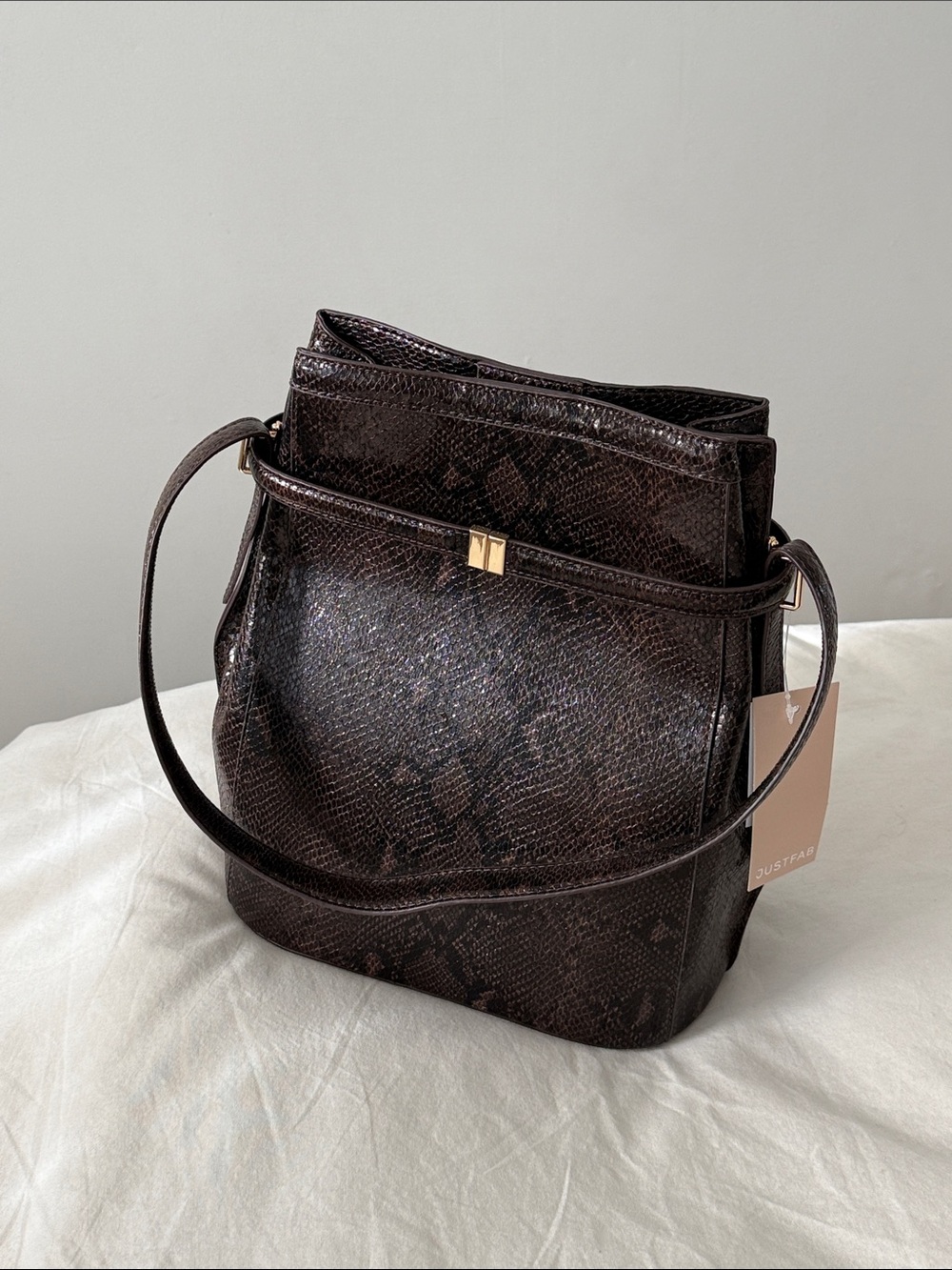 JustFab Dark Brown Snake-Embossed Shoulder Bag